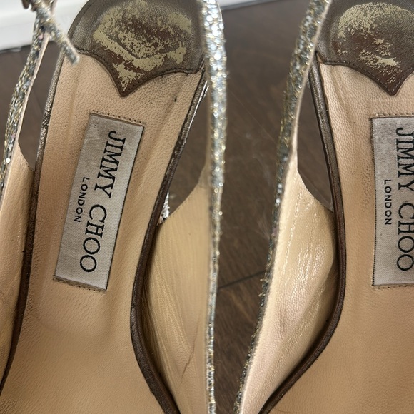 JIMMY CHOO Nova Slingback Heel Peep Toe Platinum Silver Glitter Size 39 - Picture 3 of 11